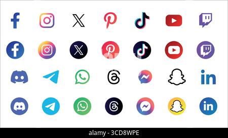 'Social Media Icons Set 2025 – Facebook, Instagram, X, Pinterest, TikTok, YouTube, WhatsApp, LinkedIn, Snapchat, Telegram, Discord, threads, Messenger Illustration de Vecteur