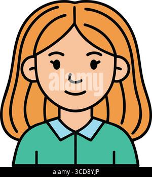 Icône d'avatar de femme amicale. Une illustration numérique chaleureuse et accueillante mettant en vedette un personnage féminin aux cheveux orange et une expression agréable. Idéal pour u Illustration de Vecteur