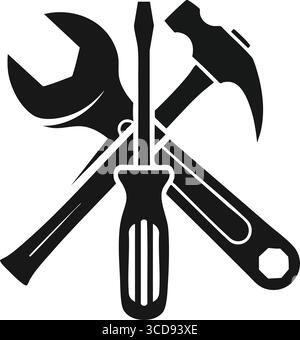 Graphique des outils manuels universels. Cet emblème frappant présente une clé, un tournevis, un marteau et un burin, représentant l'utilité, le travail qualifié, et le fo Illustration de Vecteur