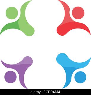 Formes humaines abstraites dynamiques. Un ensemble de quatre formes fluides aux couleurs vives sur un fond sombre. Ces symboles représentent la communauté, la connexion et nous Illustration de Vecteur