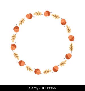 Couronne d'automne avec des glands et des feuilles de chêne mignonne illustration vectorielle de cadre circulaire dessinée à la main Illustration de Vecteur