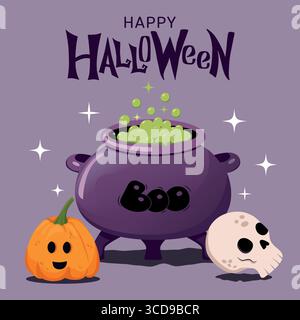 Joyeux Halloween, illustration tendance mettant en vedette des sorcières de dessin animé bouillant chaudron, une citrouille et un crâne. Illustration de Vecteur