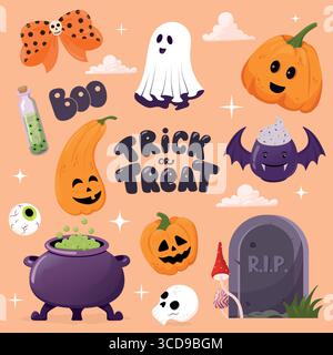 Jolies icônes ou autocollants de dessin animé d'Halloween Set citrouilles, fantômes, chauve-souris, Chaudron et éléments de trick ou de traitement. Parfait pour les invitations de vacances, la fête Illustration de Vecteur