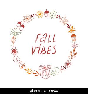 Couronne d'automne dessinée à la main avec des feuilles, glands, citrouille Illustration de Vecteur
