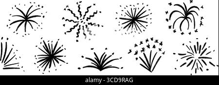 Collection noire de feux d'artifice dessinés à la main. Ensemble d'éléments de pétards griffonnés de crayon. Croquis pastel d'éclat, d'explosion, de lumières d'étoiles. Autocollants d'étincelle dessinés au charbon de bois vectoriel pour anniversaire, décor de fête Illustration de Vecteur