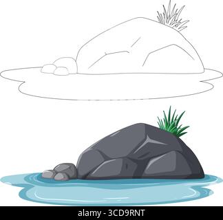 Un rocher avec de l'herbe dans l'eau calme Illustration de Vecteur