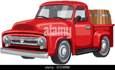 Camionnette rouge classique avec baril en bois, art vectoriel détaillé, couleurs vibrantes, style rétro, idéal pour les thèmes nostalgiques Illustration de Vecteur