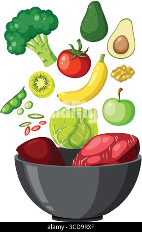 Illustration vectorielle colorée de légumes et de fruits assortis planant au-dessus d'un bol sombre, rendu dans un style plat avec des lignes épurées et des couleurs vibrantes Illustration de Vecteur
