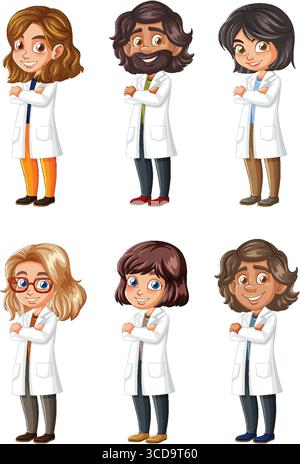 Six scientifiques de dessins animés avec des coiffures et des tons de peau variés se tiennent en confiance dans des blouses de laboratoire blanches, les bras croisés, sur un fond blanc propre Illustration de Vecteur