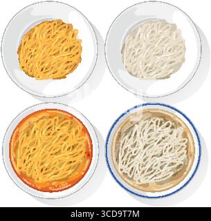Quatre types de nouilles asiatiques dans des bols, présentant diverses textures et couleurs dans un style vectoriel propre Illustration de Vecteur