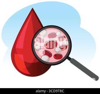 Illustration vectorielle d'une goutte de sang avec une loupe soulignant les globules rouges et blancs, design plat, couleurs vives, thème médical Illustration de Vecteur