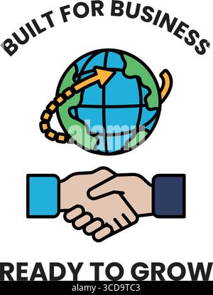 Un logo pour une entreprise prête à grandir. Le logo présente deux mains qui tremblent, ce qui symbolise un partenariat ou un accord. Le globe dans le backgr Illustration de Vecteur