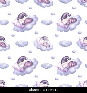 Gnomes mignons dormant sur un nuage dans le ciel, motif sans couture aquarelle pour la conception d'enfants. Illustration dessinée à la main d'elfes de nuit de rêves de fées. Magique Banque D'Images