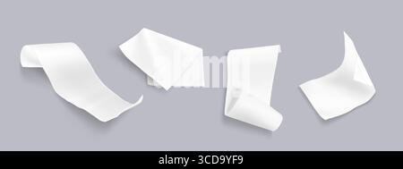 Feuilles de papier vierges pour reçus de factures avec bords courbés et pliés flottant sur fond gris pour les documents financiers. Modèles de facture blancs dans différentes positions pour la comptabilité ou les maquettes de paiement. Illustration de Vecteur