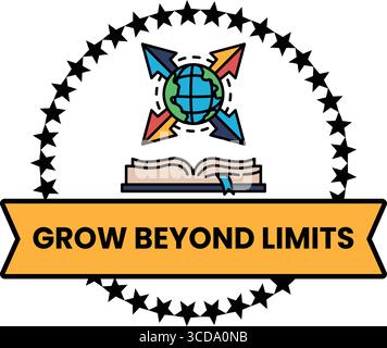 Un logo pour Grow Beyond Limits. Le logo comporte un globe et un livre. Le globe est entouré de quatre flèches pointant dans des directions différentes. Le livre Illustration de Vecteur