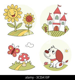 illustrations vectorielles joyeuses de fleurs, d'un château, d'un chien et d'un papillon dans un style ludique Illustration de Vecteur