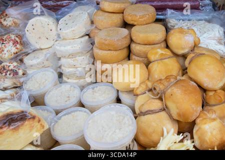 Différents types de fromage sur le marché, y compris le fromage mou à pâte dure fumé et râpé en plastique et emballage sous vide vue rapprochée Banque D'Images