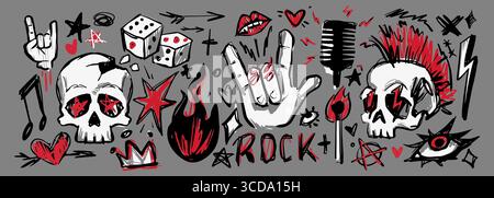 Collection punk rock doodle avec crânes, coiffure mohawk et symboles rebelles pour la conception d'affiches musicales. Les gestes de la main se mélangent avec des dés, des flammes, un microphone et des signes d'anarchie pour des graphismes underground. Illustration de Vecteur