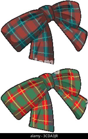Deux arcs vectoriels avec des motifs plaid classiques, rendus dans des teintes rouges et vertes. Les contours nets, les remplissages de couleur à plat et les ombres subtils améliorent les détails Illustration de Vecteur