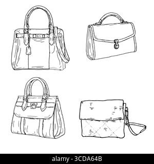 Sac de sport de voyage pliant, sac de transport, croquis noir et blanc. Illustration vectorielle. Un sac à main, une pochette, un ensemble de silhouettes isolées sur un BA blanc Illustration de Vecteur