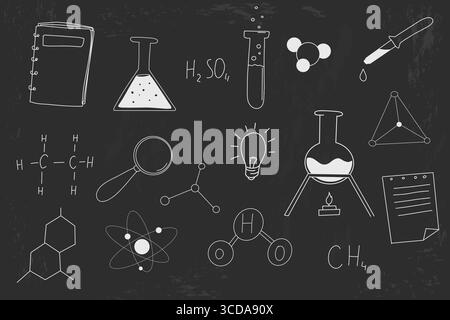 Science doodle éléments dessinés à la main sur le dessin d'esquisse de craie de tableau noir de l'école. Flacons de laboratoire à formule de calculs chimiques, jeu d'idées. . Illustration vectorielle Illustration de Vecteur
