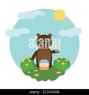 Ours en peluche avec un pot de miel. Illustrations vectorielles pour fond, calendrier, carte de voeux, carte d'invitation de fête, bannière de site Web, médias sociaux bann Illustration de Vecteur