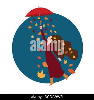 Fille avec un parapluie dans les feuilles d'automne Illustration de Vecteur