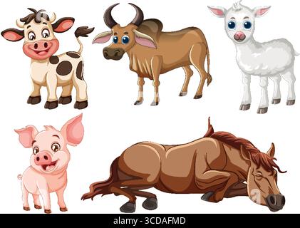 Animaux de ferme de dessins animés adorables dans des couleurs vibrantes avec des expressions ludiques. Comprend vache, taureau, mouton, porc et cheval Illustration de Vecteur