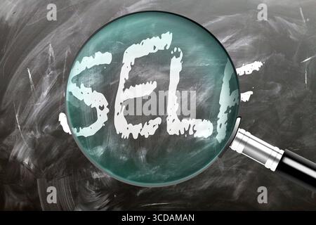 Auto - apprendre, étudier et inspecter. Regarder de plus près soi-même. Une loupe agrandissant le mot 'self' écrit sur un tableau noir Banque D'Images