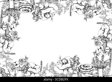 Champignon Russula webcap, escargot sur le dessus, fleurs de bruyère, croissance de lichen de mousse. Illustration de cadre de bordure dessinée à la main dans l'encre vectorielle. Sol forestier, landes Illustration de Vecteur