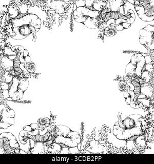 Champignon Russula webcap, escargot sur le dessus, croissance de lichen de mousse, fleurs de bruyère. Cadre de bordure carrée dessiné à la main dans l'encre vectorielle. Écosystème du plancher forestier. Menu Illustration de Vecteur