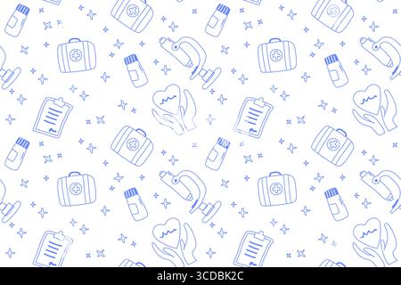Motif transparent de contour bleu avec premiers soins, articles de diagnostic, soins de santé, traitement d'urgence et science médicale. Le modèle comprend un kit de premiers soins Illustration de Vecteur