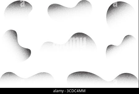 Formes ondulées abstraites avec ombre pointillée granuleuse. Blobs de fluide stipple vectoriel avec gradient sablonneux. Éléments liquides demi-teintes grunge sur fond blanc. Illustration de Vecteur