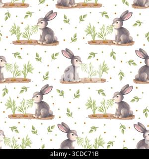 Lapin mignon assis dans un lit de jardin et grignoter sur une carotte. Aquarelle sans couture motif peint à la main dans un doux Banque D'Images