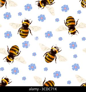 Motif aquarelle sans couture avec bourdons et fleurs bleues. Peint à la main dans un style délicat et doux, idéal pour les dessins de printemps et d'été, tissu Banque D'Images