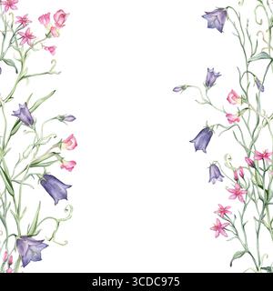 Bordure verticale sqare sans couture ou cadre avec des fleurs sauvages violettes roses. Illustration d'aquarelle dessinée à la main sur fond isolé blanc. Floral d'été Banque D'Images