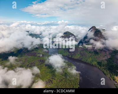 Vue aérienne de la rivière sombre serpentant à travers le paysage verdoyant et luxuriant et autour des majestueux sommets Cerros de Mavicure perçant les nuages, Puerto Inírida, Cerros Mavicure, Colombie. Banque D'Images