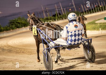 Padoue, italie 18 juillet 2025, cheval numéro deux courant sur la piste de course attelée avec jockey Banque D'Images