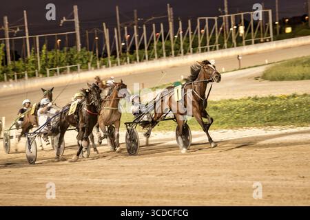 Padoue, italie 18 juillet 2025, chevaux de course attelés en compétition sur la piste illuminée d'un hippodrome la nuit Banque D'Images
