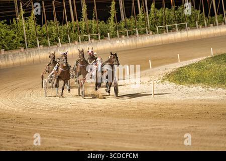 Padoue, italie 18 juillet 2025, chevaux de course attelés courant sur piste de terre la nuit Banque D'Images