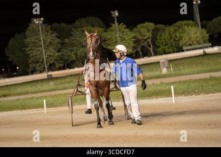 Padoue, italie 18 juillet 2025, pilote de course de chevaux marchant avec cheval et sulky après la course de nuit Banque D'Images