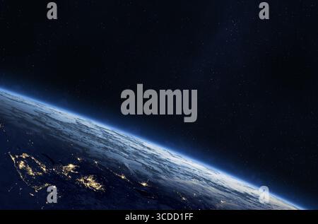 Planète Terre vue du globe depuis l'espace. La surface de la terre et les villes s'allument la nuit depuis l'espace extra-atmosphérique. Proche de l'espace. Éléments de cette image fournis par la NASA. Banque D'Images