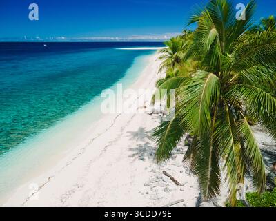 Plage tropicale avec palmiers, sable blanc et océan turquoise, vue aérienne de l'île paradisiaque. Banque D'Images