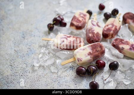 Délicieux Popsicles végétaliens faits maison aux cerises avec lait de coco. Concept d'alimentation saine d'été. Vue de dessus, pose à plat. Avec espace de copie Banque D'Images