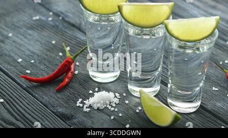 Servi de verre rempli de tequila et tranches de lime sur table en bois avec des tas de sel et de piment Banque D'Images