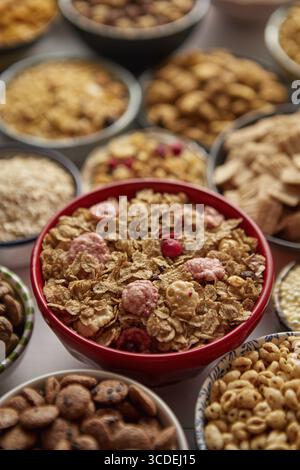 Gros plan et mise au point sélective. Composition de différentes sortes de céréales placées dans des bols en céramique avec des flocons de maïs, granola, céréales et flocons d'avoine. Pose à plat, Banque D'Images