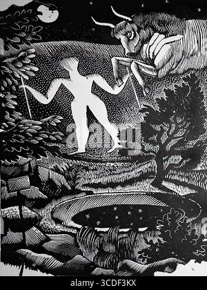 May, gravure sur bois du long homme de Wilmington. Eric Ravilious. 1925. Banque D'Images