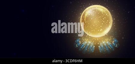 Sphère de fantaisie magique d'or dans les mains. Boule de cristal avec des étincelles et des particules brillantes. Orbe d'énergie avec effet de lumière éclatante. Isolé sur transparent Illustration de Vecteur