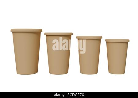 Quatre tasses jetables en papier brun de différentes tailles debout dans une rangée sur un fond blanc gros plan, maquette pour la conception de l'emballage Banque D'Images