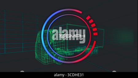 Rendu filaire semi-remorque camion à l'intérieur d'un tunnel virtuel à grille sarcelle, montrant un compteur de vitesse de 156 MPH Banque D'Images